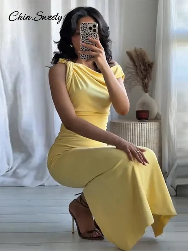 Sexy Yellow Asymmetric Long Dress Women Pleated Slim Sleeveless Zipper Maxi Dresses Female 2025 Summer Party Club Dresses New - Image 2