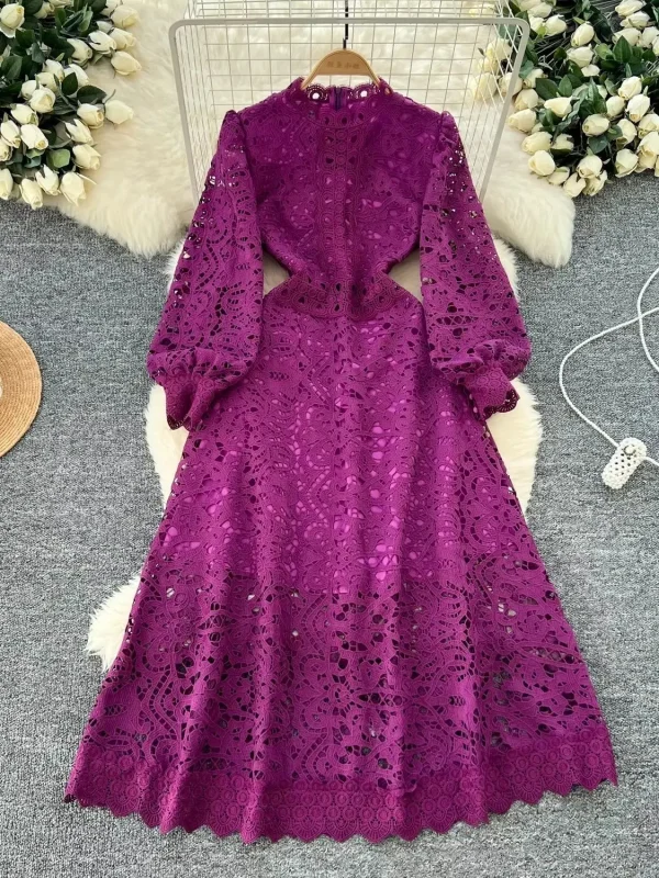 Autumn Vintage Embroidery Hollow Out Dresses Women's Stand Collar Long Sleeve Solid High Waist Elegant Wedding Party Vestidos - Image 4