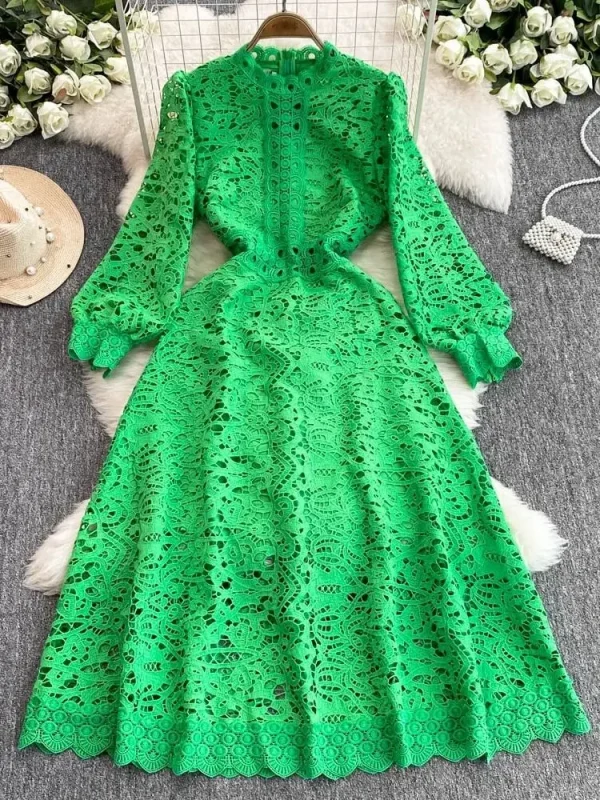 Autumn Vintage Embroidery Hollow Out Dresses Women's Stand Collar Long Sleeve Solid High Waist Elegant Wedding Party Vestidos - Image 3