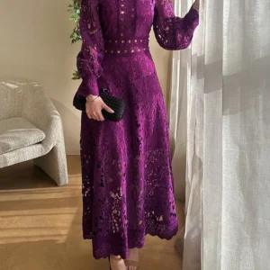 Autumn Vintage Embroidery Hollow Out Dresses Women's Stand Collar Long Sleeve Solid High Waist Elegant Wedding Party Vestidos