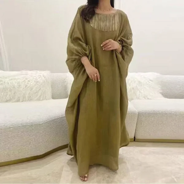 Vintage O Neck Mesh Women Long Dress Casual Loose Straight Cotton Linen Dress Spring Fashion Tassel Lantern Sleeve Dress Vestido - Image 2