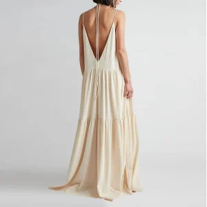 Women Casual Solid Pleat Irregular Long Dress Spring Sexy Double V Neck Backless Hollow Dress Summer Loose Lace-up Sling Dresses