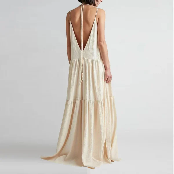 Women Casual Solid Pleat Irregular Long Dress Spring Sexy Double V Neck Backless Hollow Dress Summer Loose Lace-up Sling Dresses