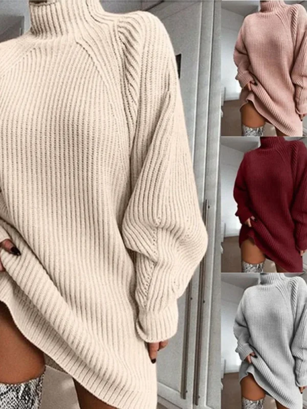 Women Turtleneck Sweater Dress Autumn Solid Long Sleeve Casual Elegant Mini Oversized Knitted Dress Winter Clothes - Image 6