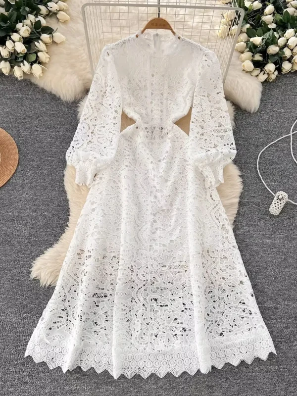 Autumn Vintage Embroidery Hollow Out Dresses Women's Stand Collar Long Sleeve Solid High Waist Elegant Wedding Party Vestidos - Image 5