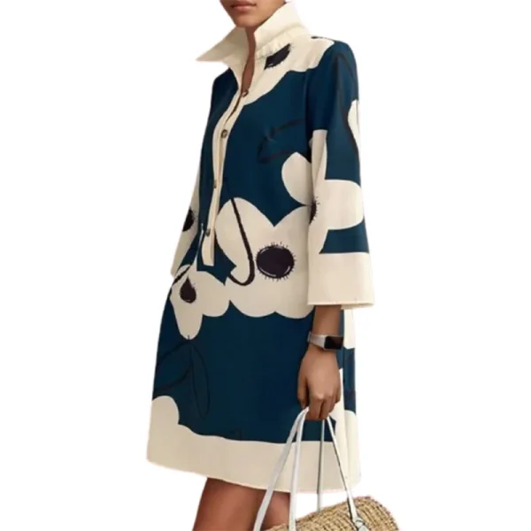 Yeezzi Women Floral Printed Elegant Evening Dresses 2025 NEW Spring Long Sleeves Loose Urban H-line Lapel Shirts Mini Dress - Image 3
