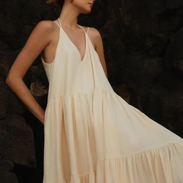 Women Casual Solid Pleat Irregular Long Dress Spring Sexy Double V Neck Backless Hollow Dress Summer Loose Lace-up Sling Dresses - Image 3