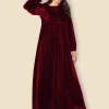 Women's new autumn and winter dress velvet round neck casual solid color lantern long sleeves wide hem dress
