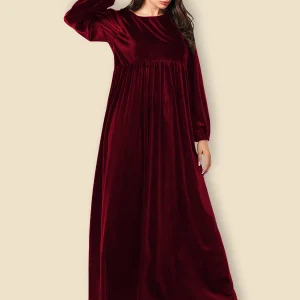 Women's new autumn and winter dress velvet round neck casual solid color lantern long sleeves wide hem dress