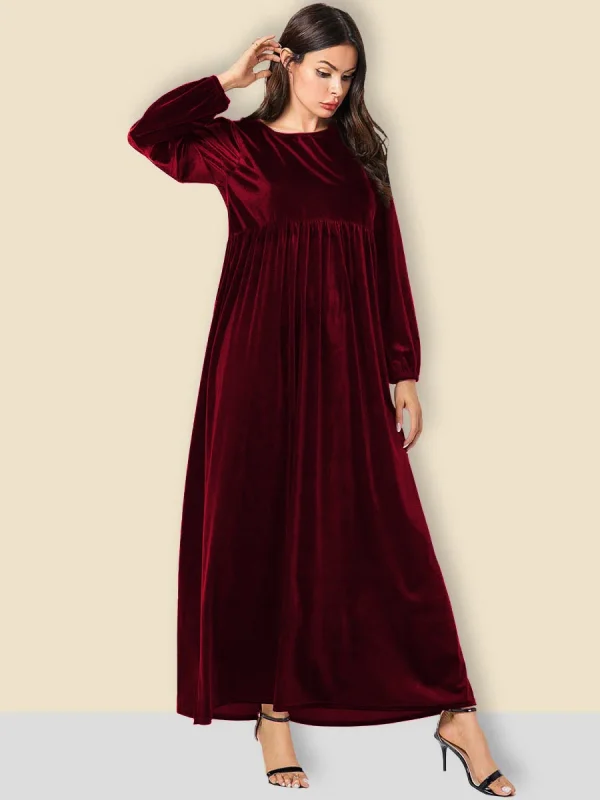 Women's new autumn and winter dress velvet round neck casual solid color lantern long sleeves wide hem dress
