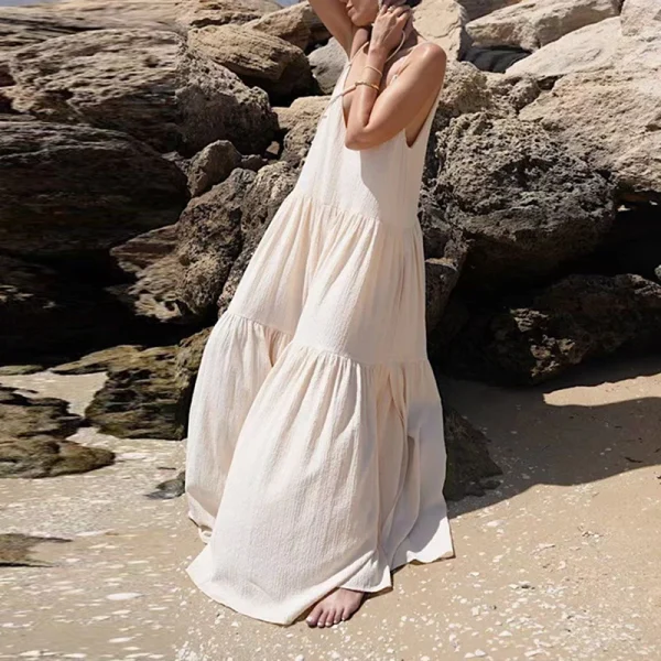 Women Casual Solid Pleat Irregular Long Dress Spring Sexy Double V Neck Backless Hollow Dress Summer Loose Lace-up Sling Dresses - Image 4