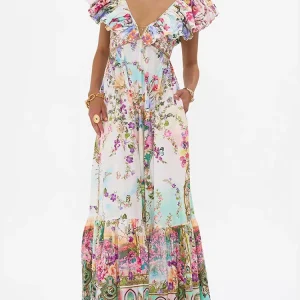 Vintage geometric print fly-sleeve V-neck high-waisted vest dress 2025 summer women's fashion pleated loose A-line pommel skirt
