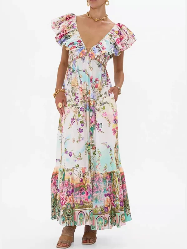Vintage geometric print fly-sleeve V-neck high-waisted vest dress 2025 summer women's fashion pleated loose A-line pommel skirt