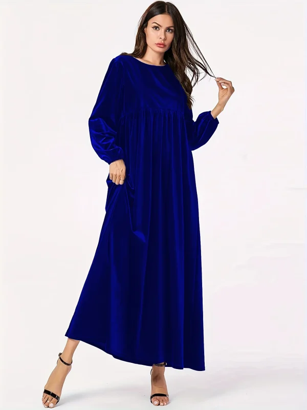 Women's new autumn and winter dress velvet round neck casual solid color lantern long sleeves wide hem dress - Image 4