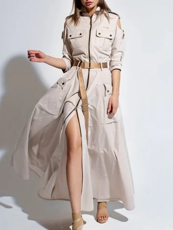 Cargo Dress for Women Vintage Zipper Fly Pockets Vintage High Street Cutout Shoulder Turn Down Collar with Belt Long Dresses - Image 2