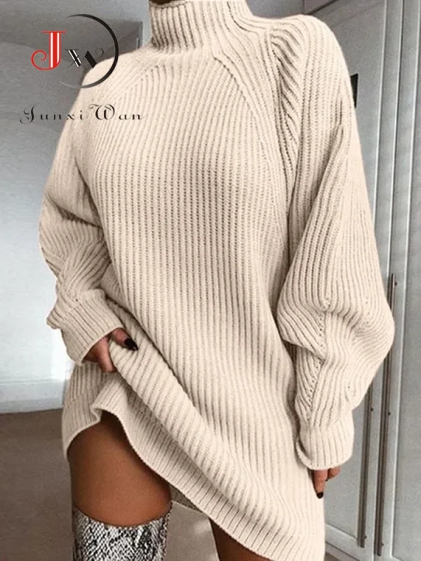 Women Turtleneck Sweater Dress Autumn Solid Long Sleeve Casual Elegant Mini Oversized Knitted Dress Winter Clothes - Image 2