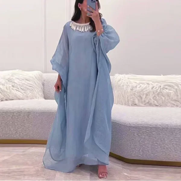 Vintage O Neck Mesh Women Long Dress Casual Loose Straight Cotton Linen Dress Spring Fashion Tassel Lantern Sleeve Dress Vestido - Image 4
