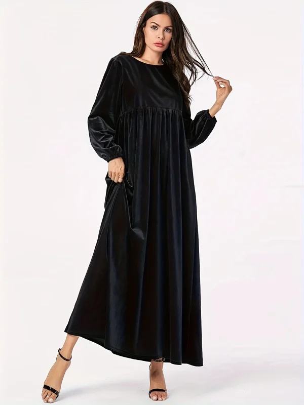 Women's new autumn and winter dress velvet round neck casual solid color lantern long sleeves wide hem dress - Image 2