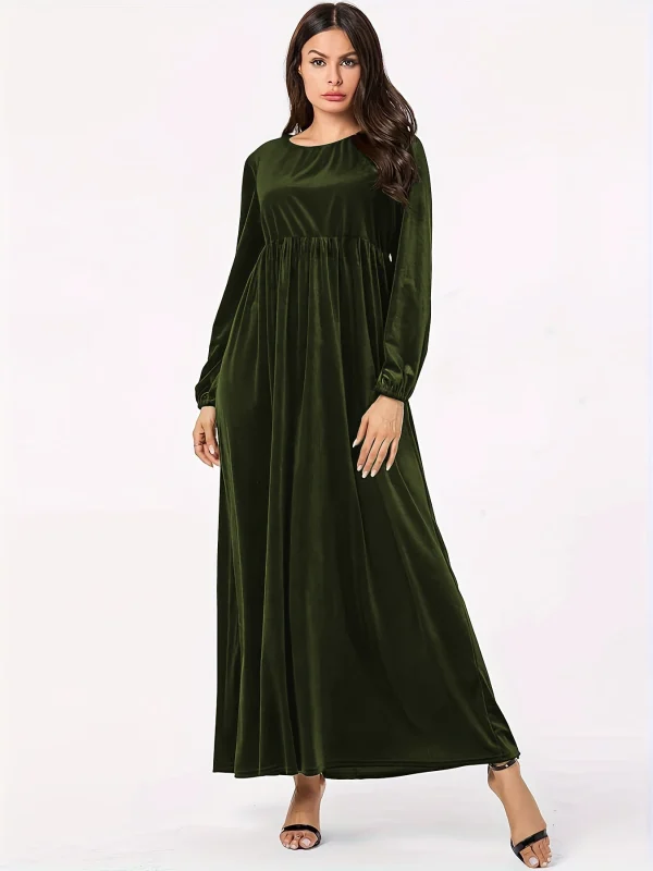 Women's new autumn and winter dress velvet round neck casual solid color lantern long sleeves wide hem dress - Image 3