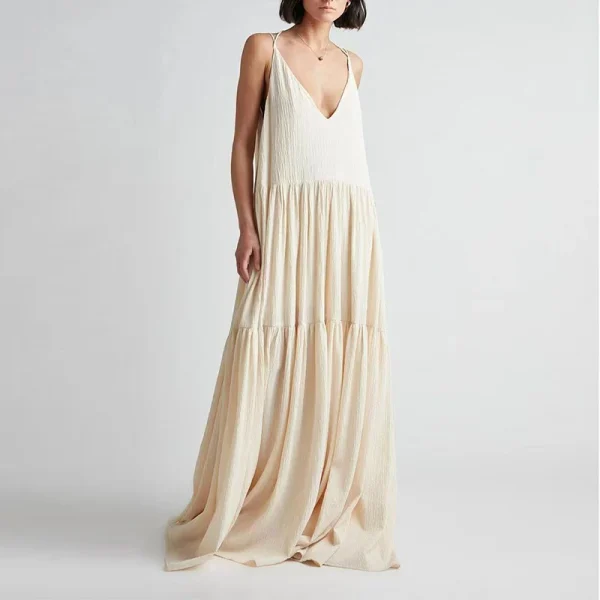Women Casual Solid Pleat Irregular Long Dress Spring Sexy Double V Neck Backless Hollow Dress Summer Loose Lace-up Sling Dresses - Image 2