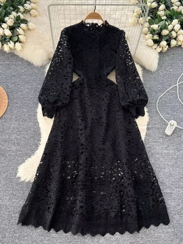 Autumn Vintage Embroidery Hollow Out Dresses Women's Stand Collar Long Sleeve Solid High Waist Elegant Wedding Party Vestidos - Image 2