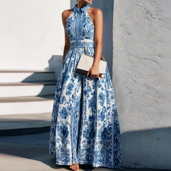 Vintage Floral Print Women Bohemian Dresses Spring Elegant Polo Collar Sexy Maxi Dress Summer Sleeveless Loose A-Line Long Dress - Image 2