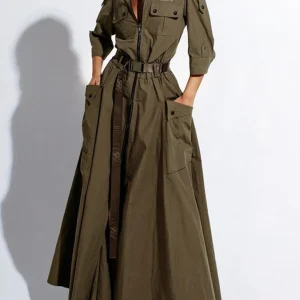 Cargo Dress for Women Vintage Zipper Fly Pockets Vintage High Street Cutout Shoulder Turn Down Collar with Belt Long Dresses