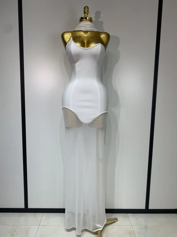 Women Sexy Strapless Mesh Patchwork Bandage Long Dress With Scarf 2025 Elegant Backless Maxi Dresses Celebrity Club Party Outfit