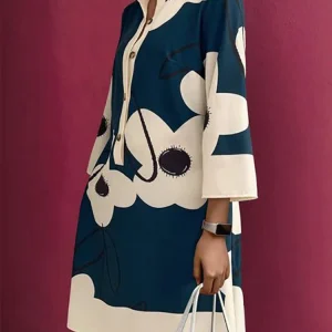 Yeezzi Women Floral Printed Elegant Evening Dresses 2025 NEW Spring Long Sleeves Loose Urban H-line Lapel Shirts Mini Dress