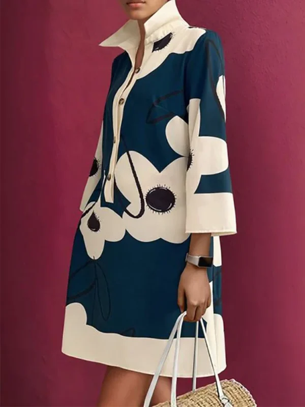 Yeezzi Women Floral Printed Elegant Evening Dresses 2025 NEW Spring Long Sleeves Loose Urban H-line Lapel Shirts Mini Dress