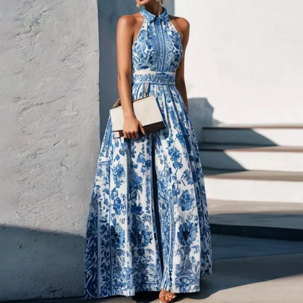 Vintage Floral Print Women Bohemian Dresses Spring Elegant Polo Collar Sexy Maxi Dress Summer Sleeveless Loose A-Line Long Dress - Image 4