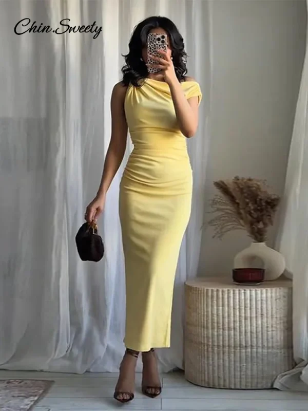 Sexy Yellow Asymmetric Long Dress Women Pleated Slim Sleeveless Zipper Maxi Dresses Female 2025 Summer Party Club Dresses New