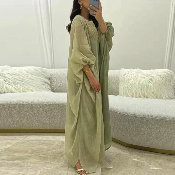 Vintage O Neck Mesh Women Long Dress Casual Loose Straight Cotton Linen Dress Spring Fashion Tassel Lantern Sleeve Dress Vestido - Image 5